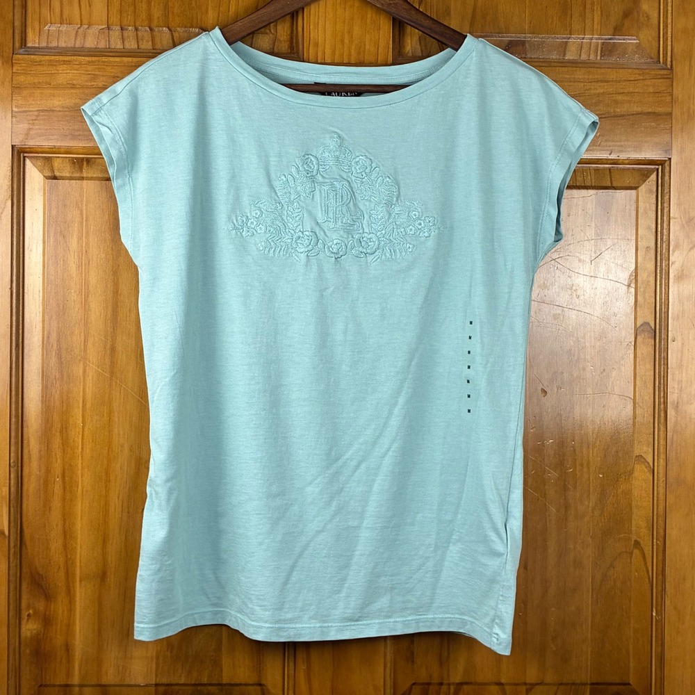 NWT Lauren Ralph Lauren Turquoise Embroidered Crest Logo Cotton Tee Shirt M